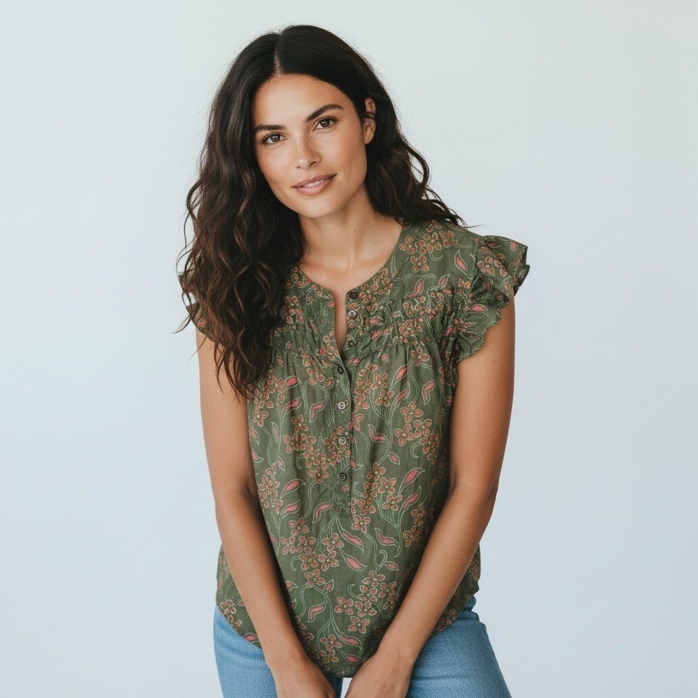 XiRENA Floral Cotton-Silk Blouse - Size‎ L - Green Boho Ruffle Sleeves B1